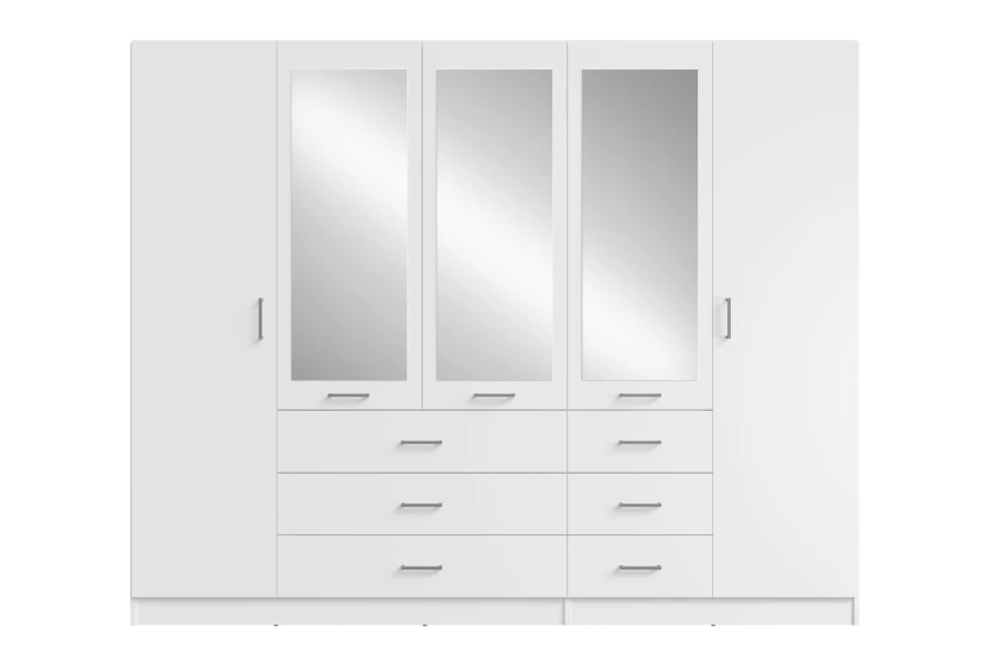 Großer weißer Kleiderschrank mit fünf Türen, drei integrierten Spiegeln und sechs geräumigen Schubladen.