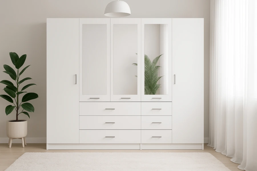 Moderner weißer Kleiderschrank mit Spiegeln und Schubladen im hellen Schlafzimmer.