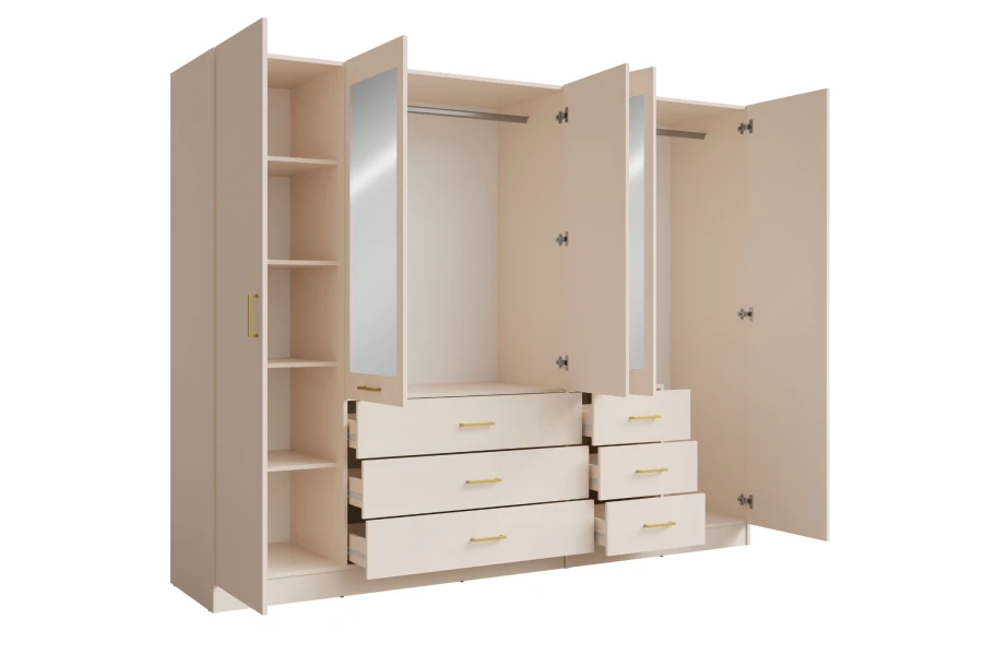 Beiger Kleiderschrank geöffnet mit Einblick in Regalfächer, Kleiderstangen und Schubladen.