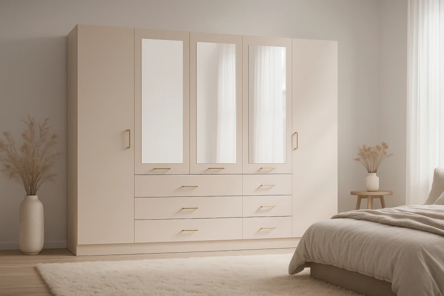 Schlichter beiger Kleiderschrank mit Spiegeln in einem modern dekorierten Schlafzimmer.