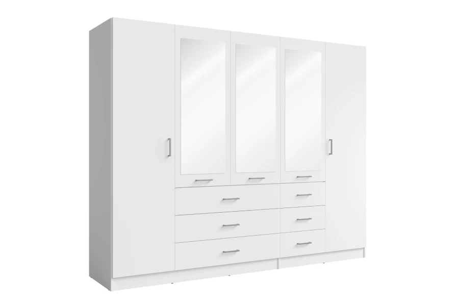 Weißer 5-türiger Kleiderschrank mit Spiegeln und Schubladen vor weißem Hintergrund.