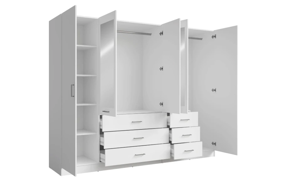 Offener weißer Kleiderschrank zeigt Inneneinteilung mit Regalböden und Kleiderstangen.