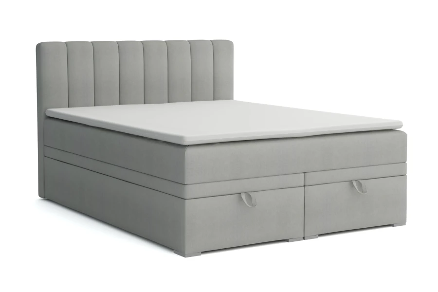 Graues Boxspringbett mit zwei praktischen Bettkästen und vertikal gestepptem Kopfteil.