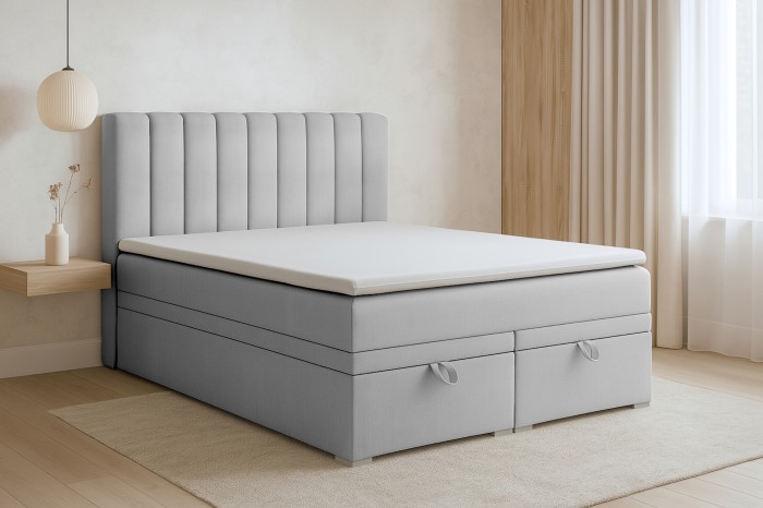 Modernes hellgraues Boxspringbett David im Schlafzimmer-Ambiente
