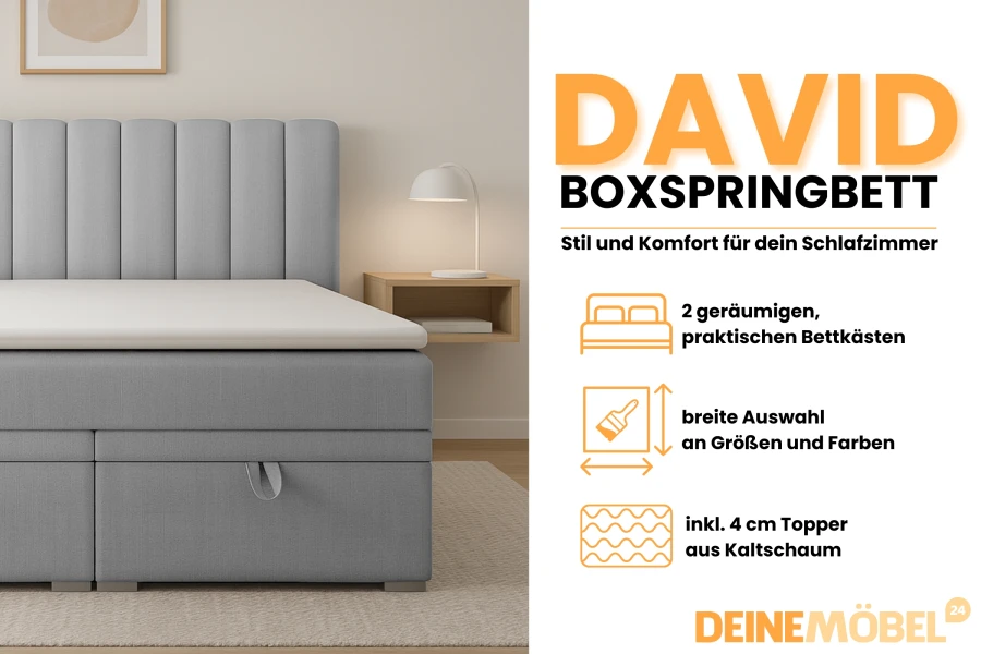Vorteile des David Boxspringbetts: 2 Bettkästen, Farbauswahl und inkl. 4 cm Kaltschaum-Topper.