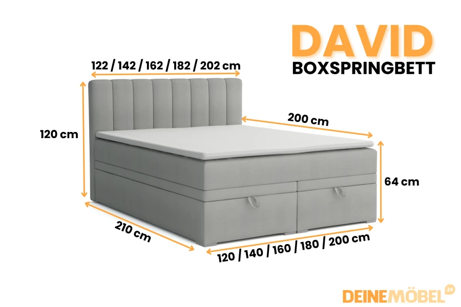 Detaillierte Maße und Abmessungen für das David Boxspringbett in verschiedenen Breiten.