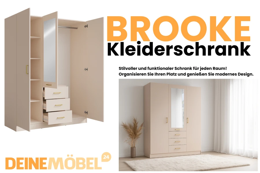 BROOKE Kleiderschrank in Beige mit Spiegel, drei Türen und Schubladen.