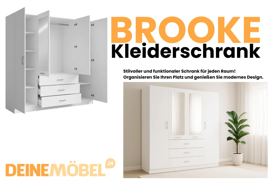 Großer BROOKE Kleiderschrank in Weiß mit vier Türen und zwei Spiegeln.