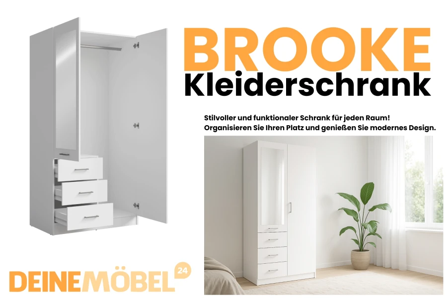 Zweitüriger BROOKE Kleiderschrank in Weiß mit Spiegel und drei Schubladen.