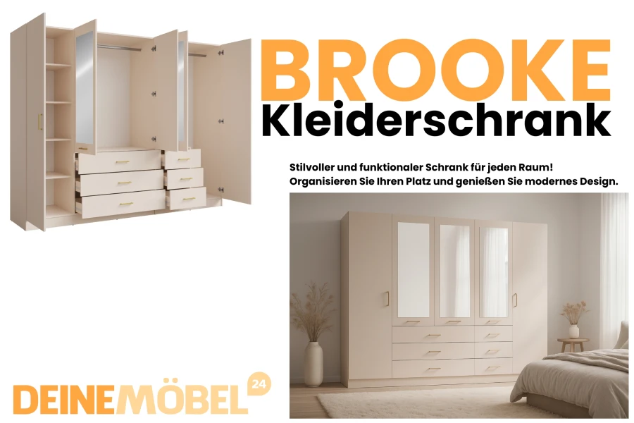 Großer BROOKE Kleiderschrank in Beige mit 6 Türen und Spiegeln für viel Stauraum im Schlafzimmer.