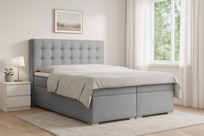 Hellgraues Boxspringbett Claudia – Stilvolles Design und Komfort für jedes Schlafzimmer.