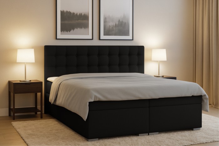 Schwarzes Polsterbett Claudia in gemütlicher Schlafzimmer-Umgebung mit Nachttischen und Lampen.