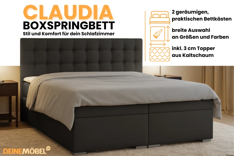 Graues Boxspringbett Claudia mit Bettkasten und Topper – Details zu Funktionen und Komfort.