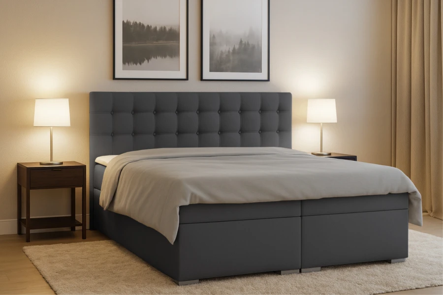 Modernes Boxspringbett Claudia in Anthrazit mit gestepptem Kopfteil im Schlafzimmer