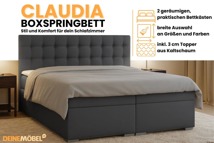 Boxspringbett Claudia Highlights: 2 Bettkästen, Farbauswahl und 3 cm Kaltschaum-Topper
