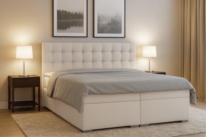 Beiges Boxspringbett Claudia mit gepolstertem Kopfteil in modernem Schlafzimmer