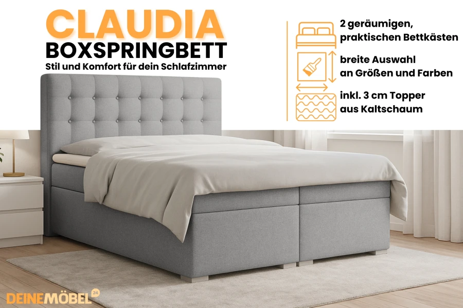 Boxspringbett Claudia in Grau: Inklusive 2 Bettkästen, Topper und großer Auswahl an Farben.