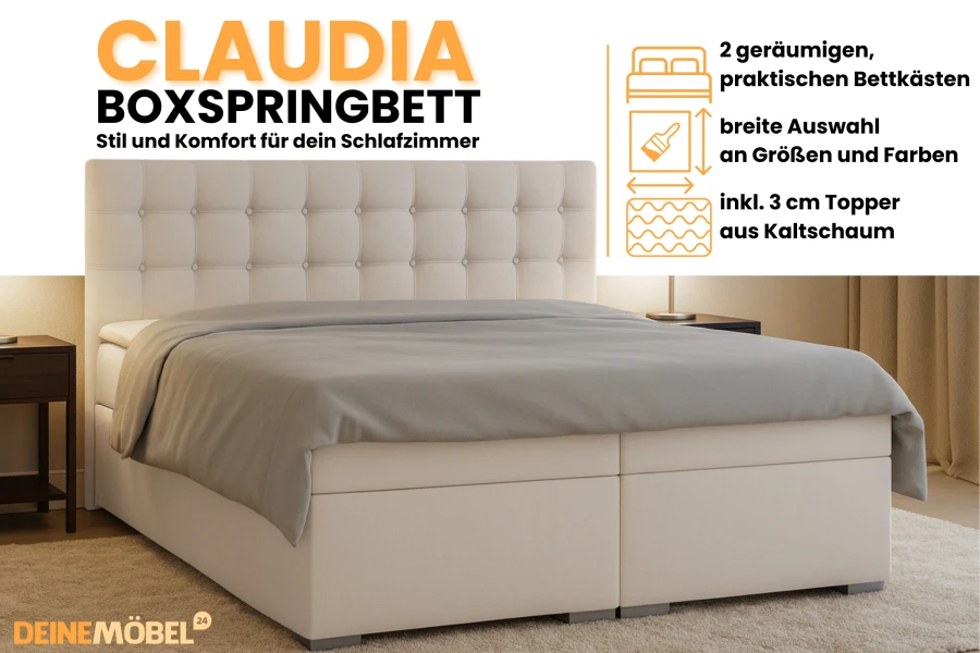 Beiges Boxspringbett Claudia inkl. Bettkasten und Topper, stilvoll und komfortabel.