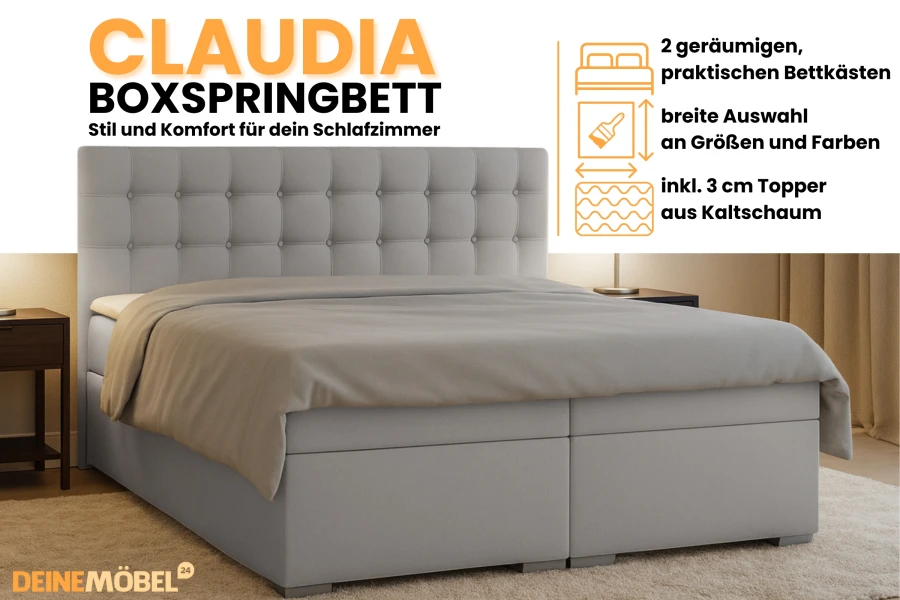 Graues Boxspringbett Claudia mit Bettkasten und Topper für stilvolle Schlafzimmer.