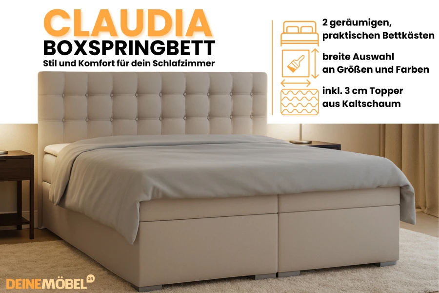 Beiges Boxspringbett Claudia mit praktischem Bettkasten und 3 cm Kaltschaum-Topper.