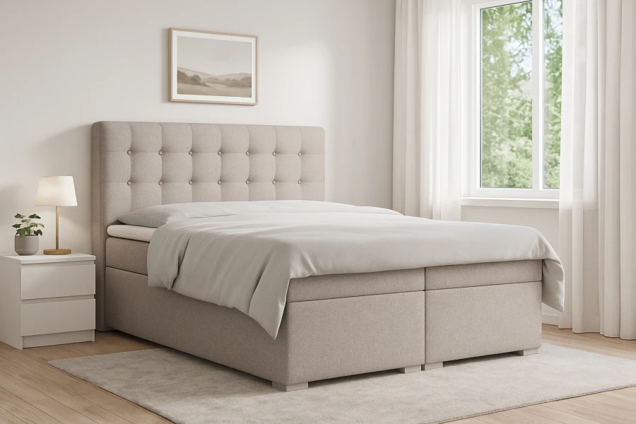 Beige Claudia box spring bed with quilted headboard in a bright bedroom.
