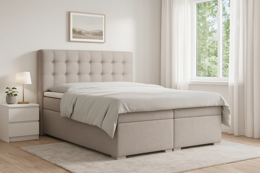 Beiges Boxspringbett Claudia mit gestepptem Kopfteil im hellen Schlafzimmer.