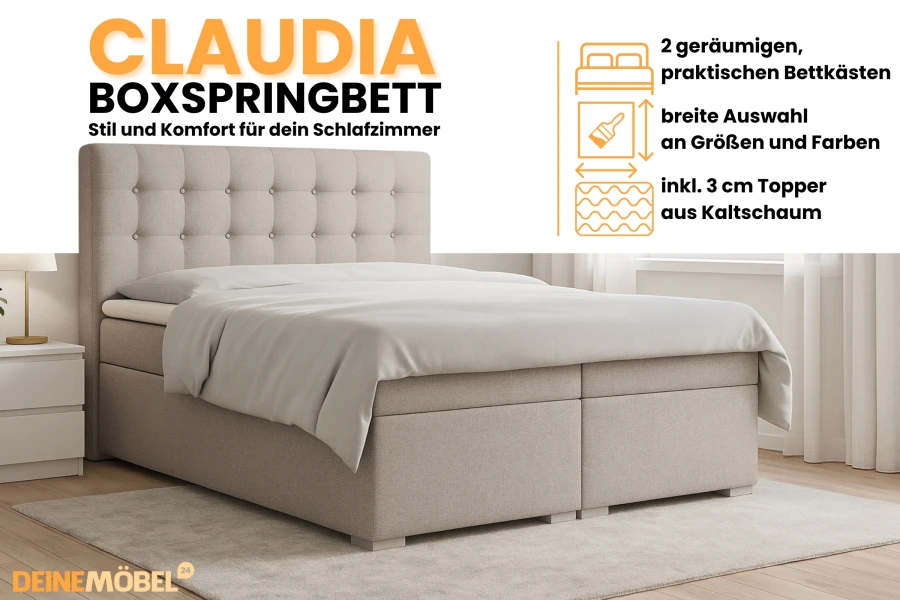 Produktdetails Boxspringbett Claudia Beige: 2 Bettkästen und Kaltschaumtopper.