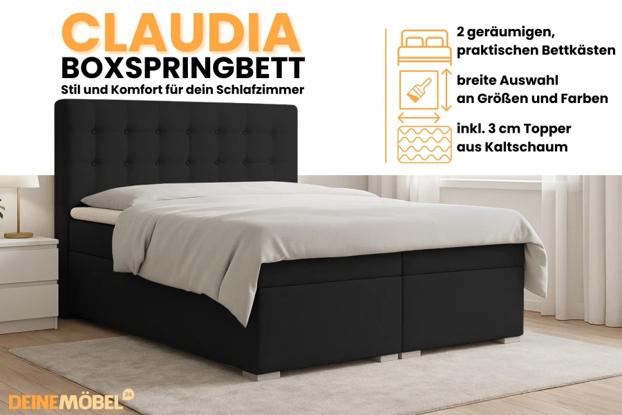 Vorteile Boxspringbett Claudia Schwarz: Stauraum, Topper und verschiedene Größen.