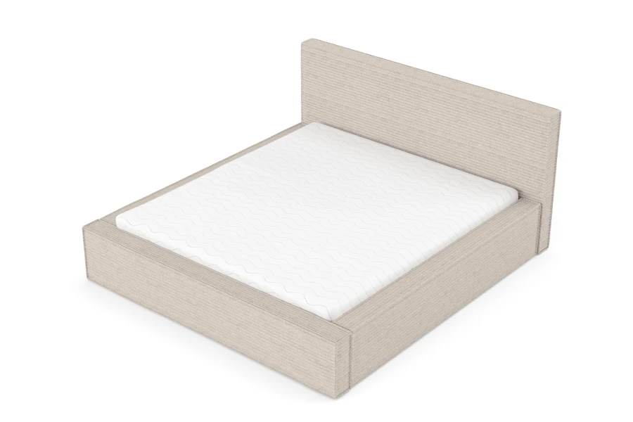 Gepolstertes Bett in Cord-Optik in Beige, schräge Seitenansicht auf weißem Hintergrund