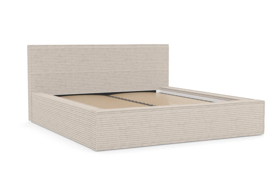 Modernes Polsterbett mit beigem Cord-Bezug und stabilem Holz-Lattenrost.