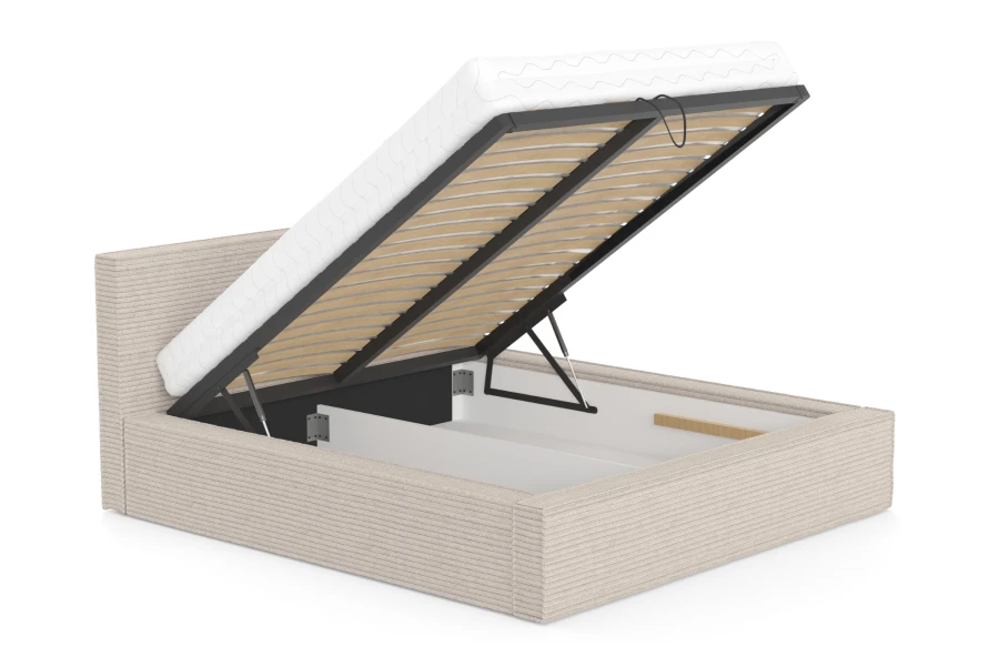 Funktionales Stauraumbett aus Cord mit hochklappbarem Lattenrost und Bettkasten.