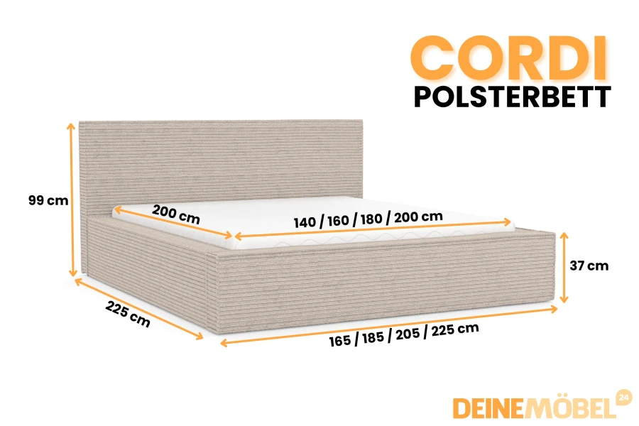 Abmessungen des Cordi Polsterbetts inklusive Liegefläche und Außenmaßen.
