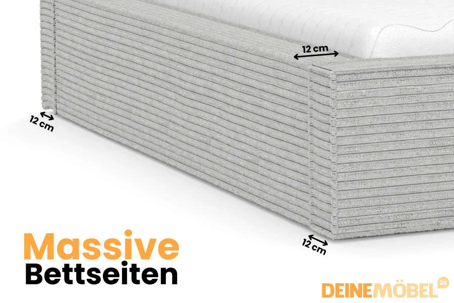 Massive 12 cm dicke Bettseiten aus grauem Cordstoff für Polsterbetten von Deinemoebel24.