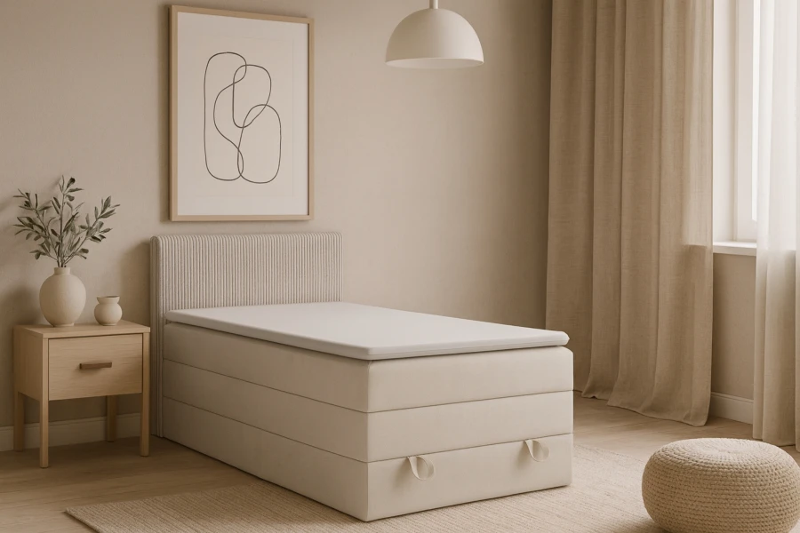 Modernes Boxspringbett in Beige in einer hellen, minimalistischen Schlafzimmereinrichtung.