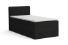 Schwarzes Boxspringbett mit strukturiertem Kopfteil und praktischem Bettkasten vor weißem Hintergrund.