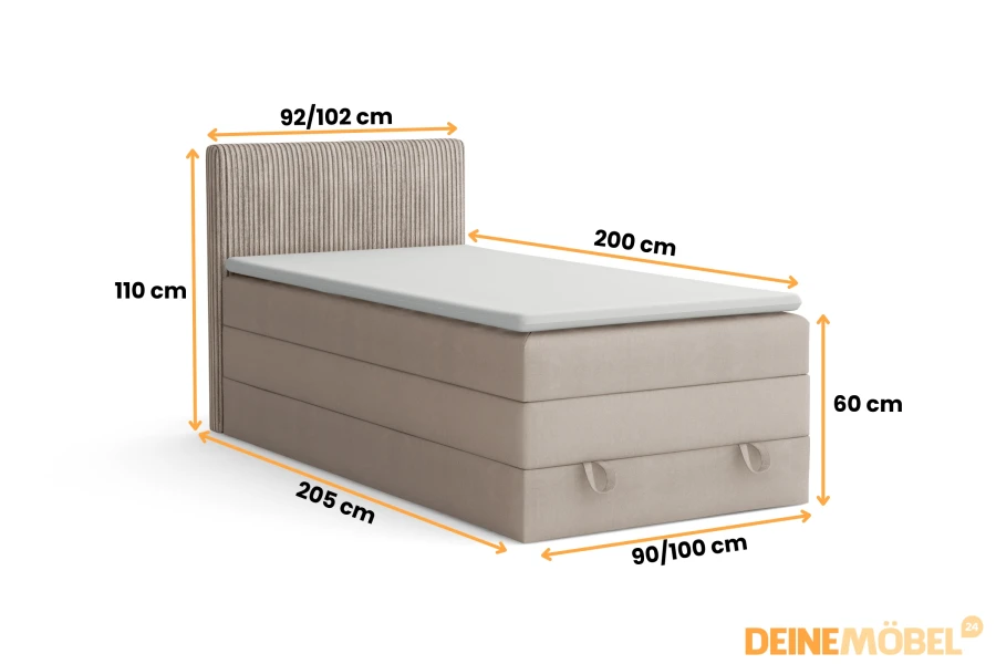 Detaillierte Größenangaben und Maße eines beigen Boxspringbetts mit Cord-Optik.