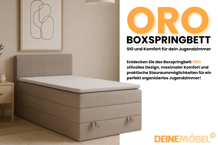 ORO Boxspringbett für Jugendzimmer von DeineMöbel24 mit Text-Overlay