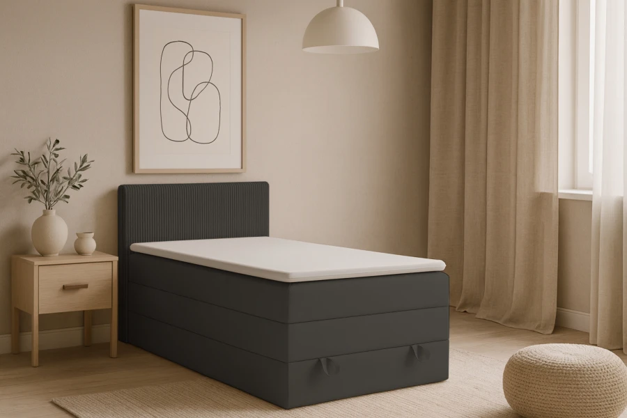 Modernes dunkelgraues Boxspringbett ORO in wohnlicher Schlafzimmer-Atmosphäre