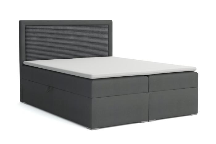 Modern boxspringbed John II in antraciet met gestructureerd hoofdbord en witte topper, geïsoleerd.