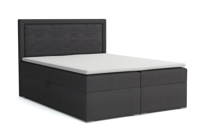 Modern boxspringbed John II in antraciet met hoog gestoffeerd hoofdbord op witte achtergrond.
