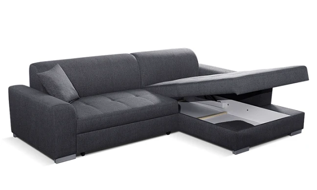 Graues Ecksofa mit offenem Bettkasten für Stauraum