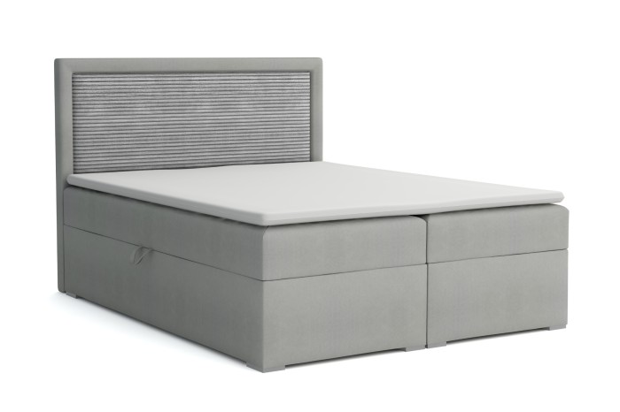 Lichtgrijs boxspringbed JOHN II met gedeelde opbergruimte en modern gestoffeerd hoofdbord.