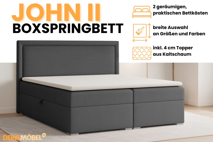 Grijs boxspringbed John II met details van de bedbakken en de topper