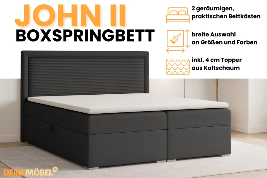 John II Boxspringbett Features: Zwei Bettkästen, verschiedene Größen und Kaltschaum-Topper.