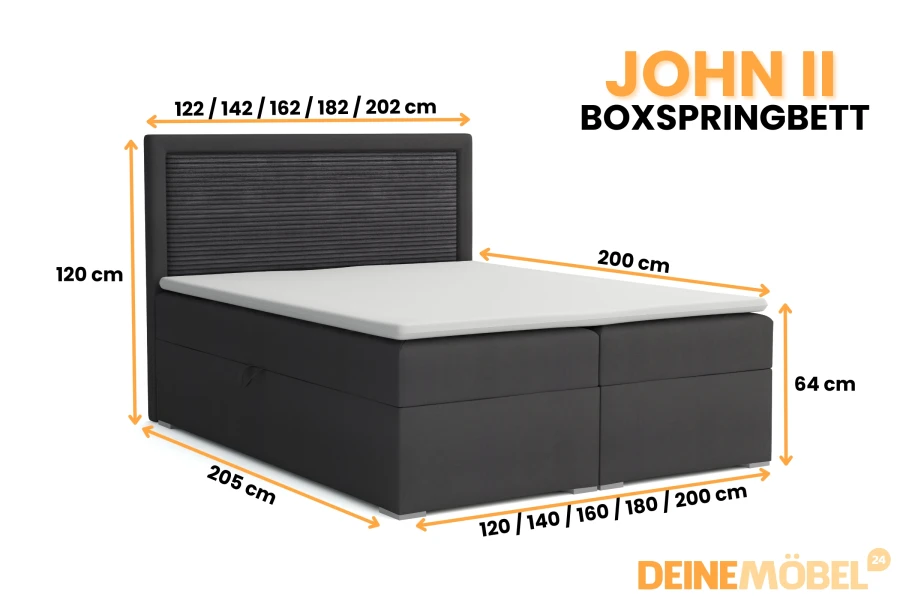 Größentabelle und Abmessungen für das John II Boxspringbett von 120 bis 202 cm Breite.