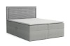 Graues Boxspringbett mit Stauraumfunktion und Topper freigestellt vor weißem Hintergrund.