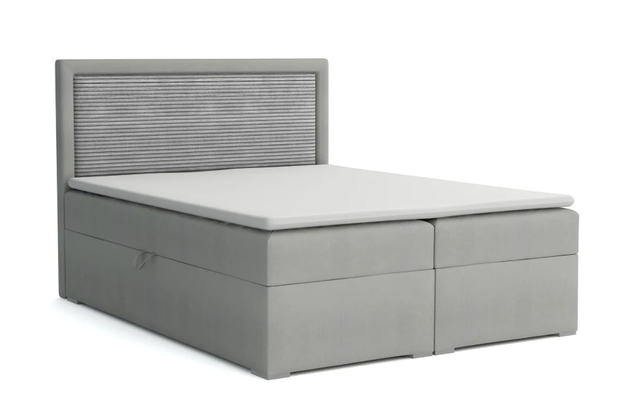 Boxspringbett in Lichtgrau mit gestreiftem Kopfteil-Design und Bettkasten-Funktion.
