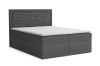 Graues Boxspringbett mit Bettkasten und gestepptem Kopfteil auf weißem Hintergrund.