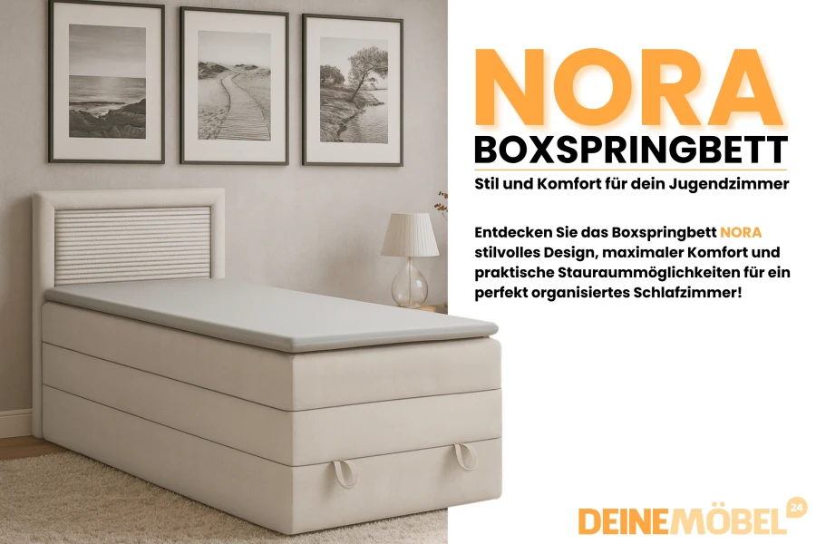 Nora Boxspringbett für das Jugendzimmer: Stilvolles Einzelbett mit Stauraum von DeineMöbel24.
