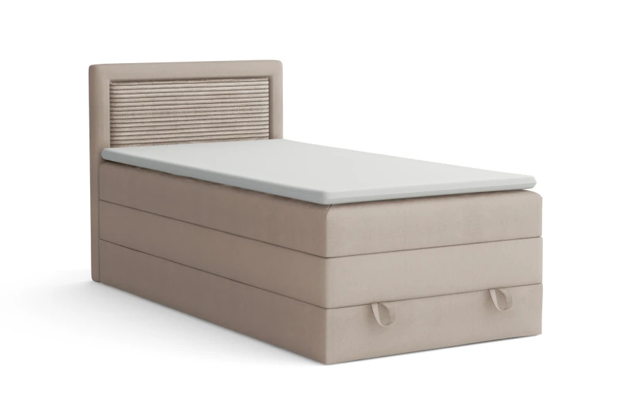 Einzel-Boxspringbett Nora in Beige mit Stauraum und gepolstertem Kopfteil auf weißem Grund.